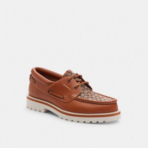 Coach Benson Boat Shoe In Signature Jacquard Burnished Amber Men Boat Shoes Brown | UAE_CH34413